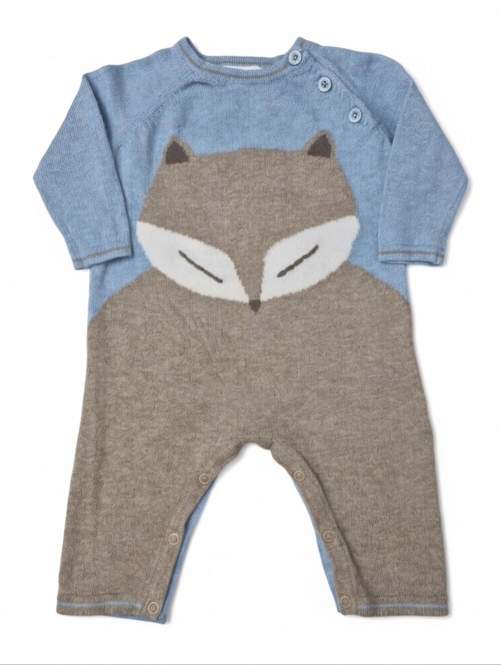 Angel Dear 0-3M Blue Fox Knit Cotton Romper One Piece Coverall Shoulder Buttons